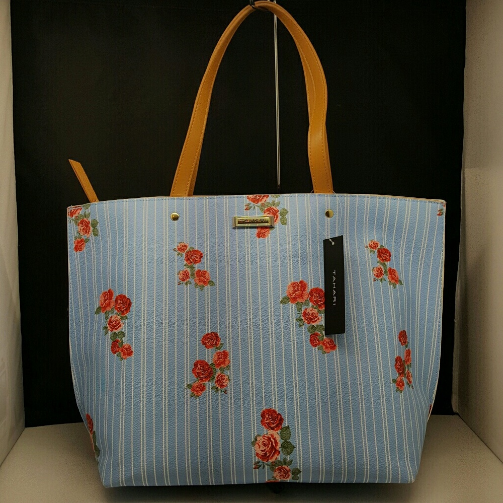 Tahari Whimsy Pinstripe Rose Tote NWT